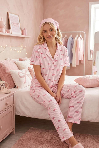 Çiçek Baskılı Bürümçük Kumaş Kısa Kollu Pijama Takımı 6067