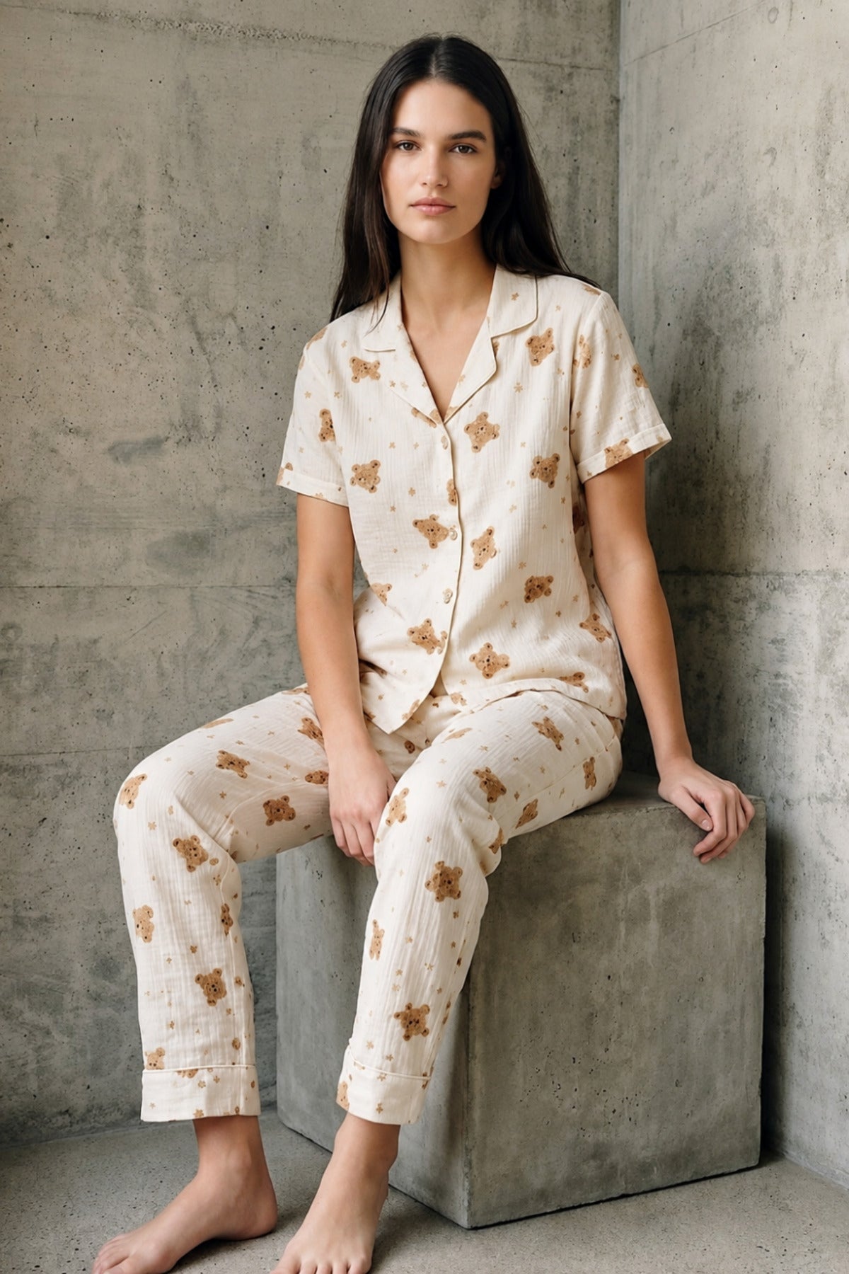 V Yaka Düğmeli Casual Pijama Takımı