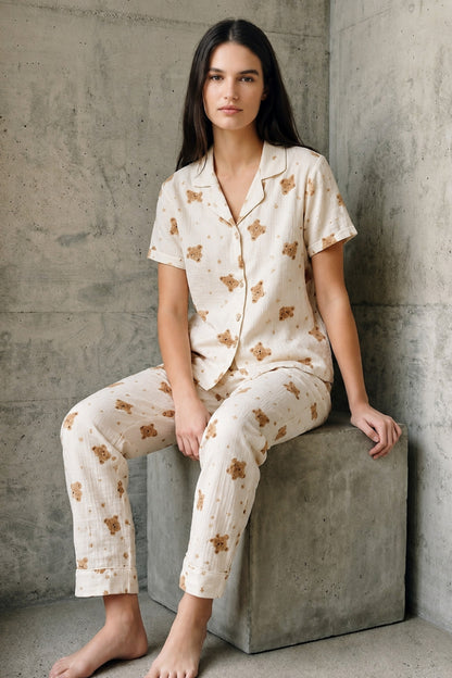 V Yaka Düğmeli Casual Pijama Takımı