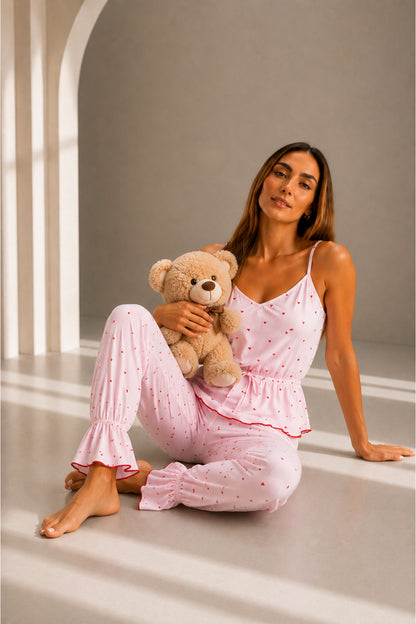 Kadın Viskoz Ayarlanabilir Bel Pembe Pijama Takımı