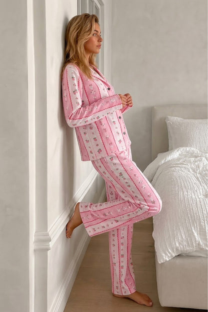 Kadın Desenli Düğmeli Uzun Kollu Pijama Takımı