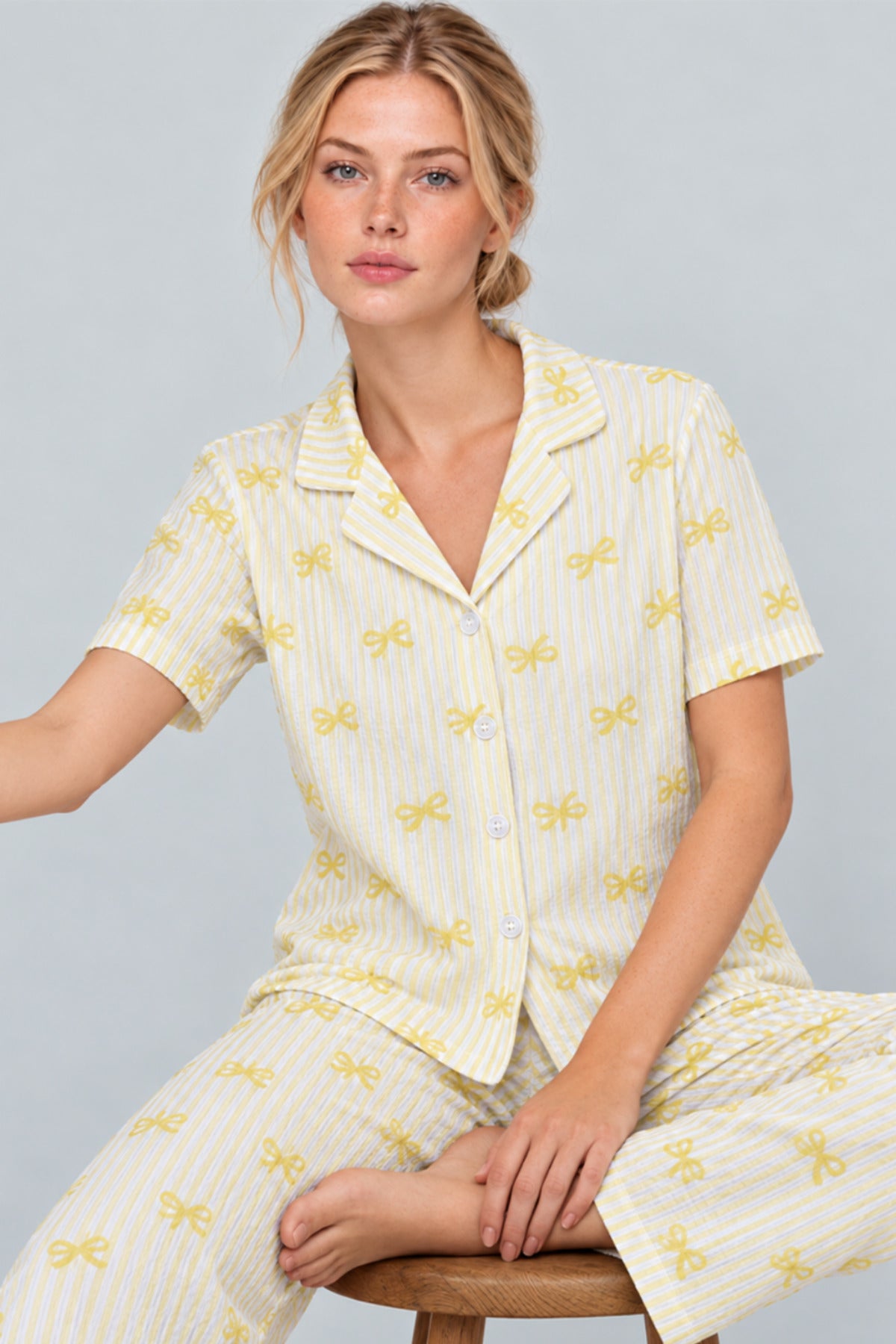 Kadın Gömlek Yaka Desenli Pijama Takımı 4816