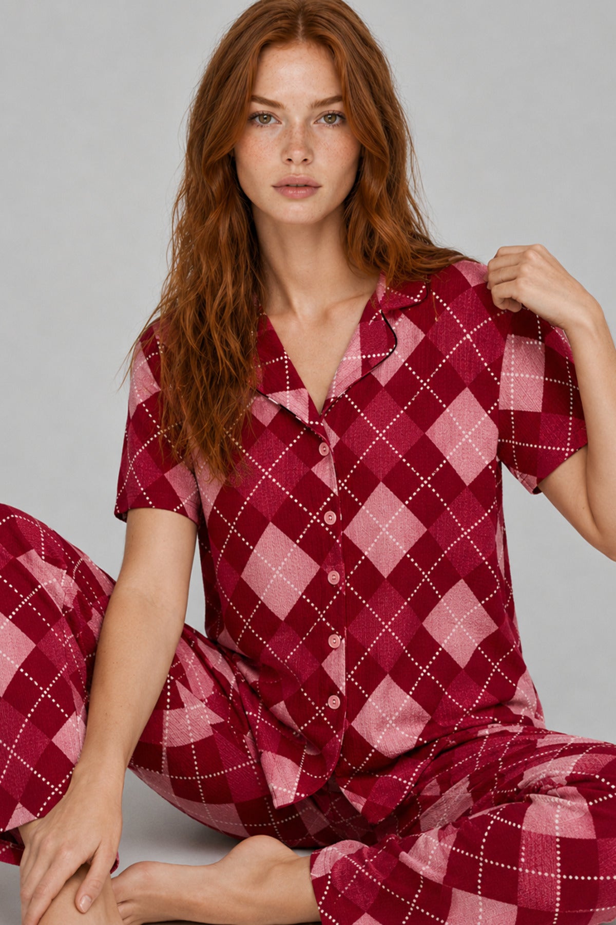 Kadın Kısa Kol Desenli Pijama Takımı 4729