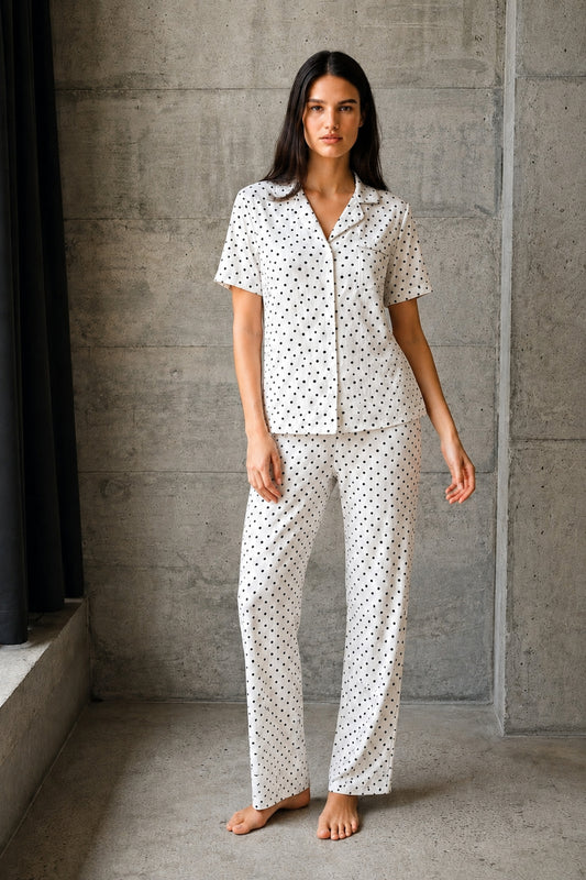 V Yaka Düğmeli Casual Pijama Takımı