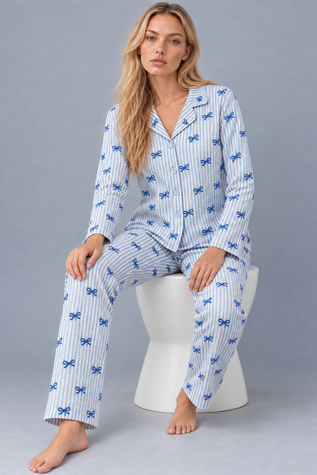 Kadın Gömlek Yaka Desenli Pijama Takımı 4816