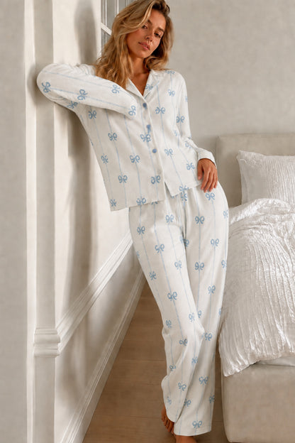 Kadın Desenli Düğmeli Uzun Kollu Pijama Takımı