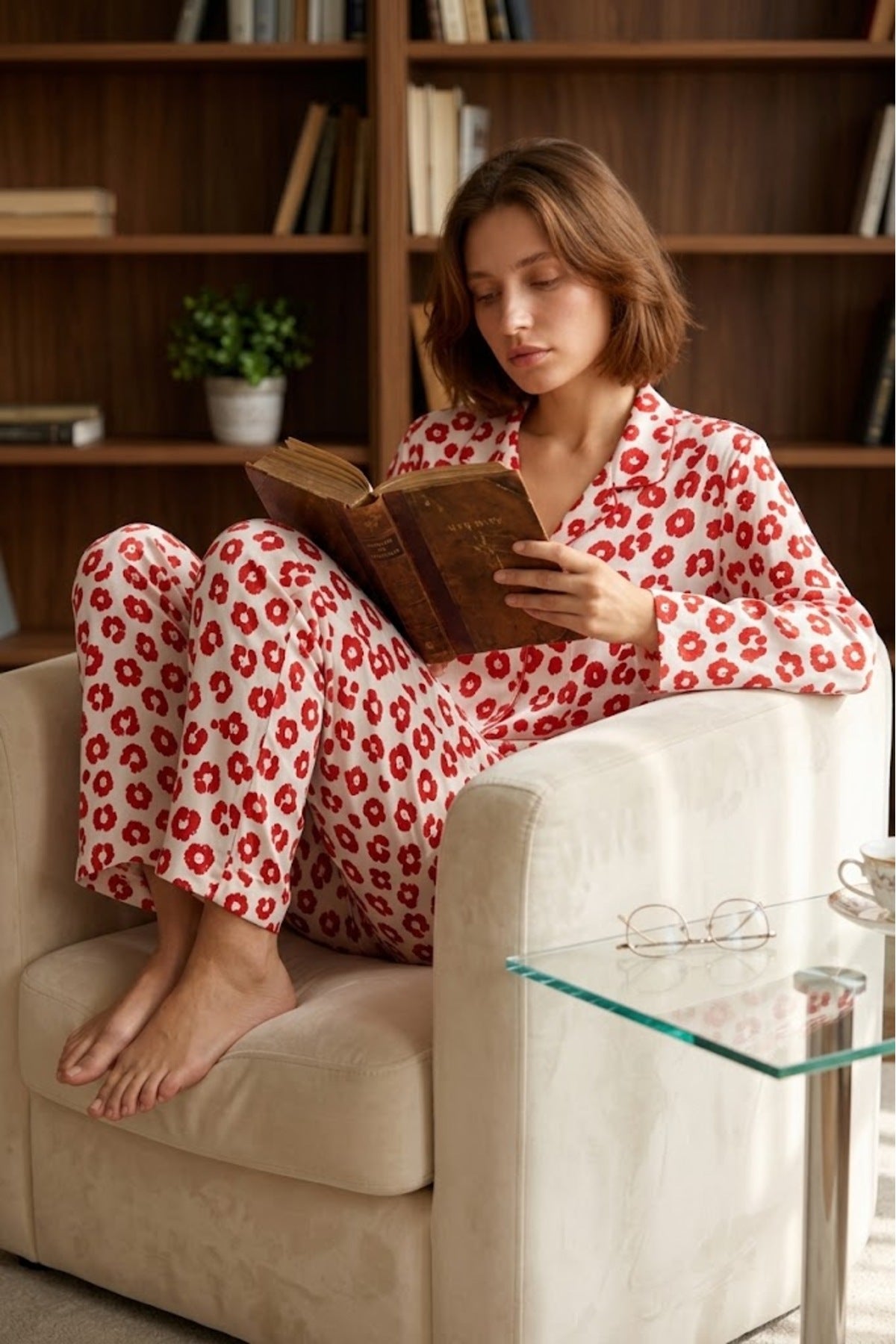 Kadın Gömlek Yaka Düğmeli Gece Giyimi Pijama Takımı