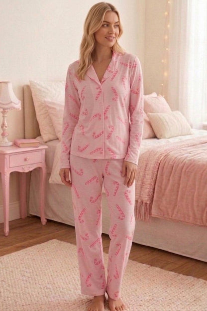 Baston Şeker Desenli Uzun Kollu Pijama Takımı 4601 -