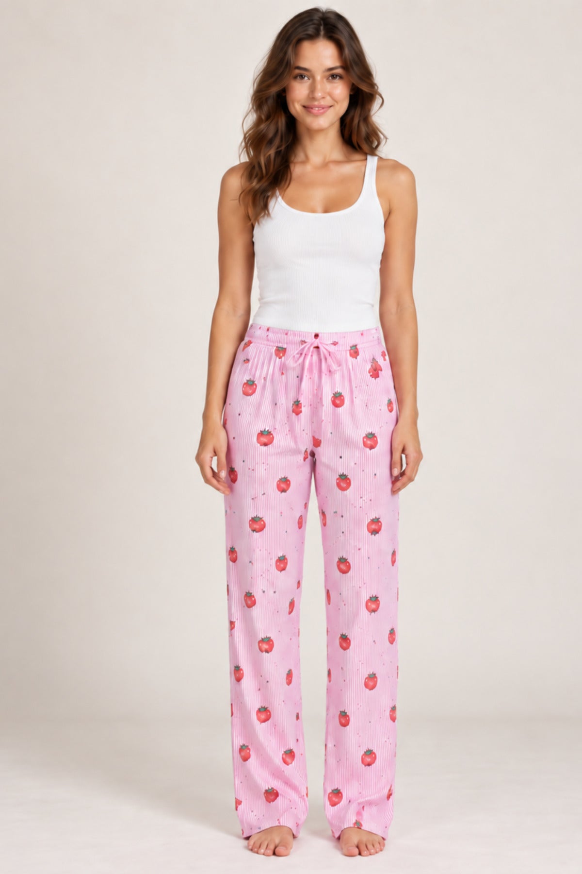 Kadın Çizgili Bluz Desenli Askılı Pijama Takımı