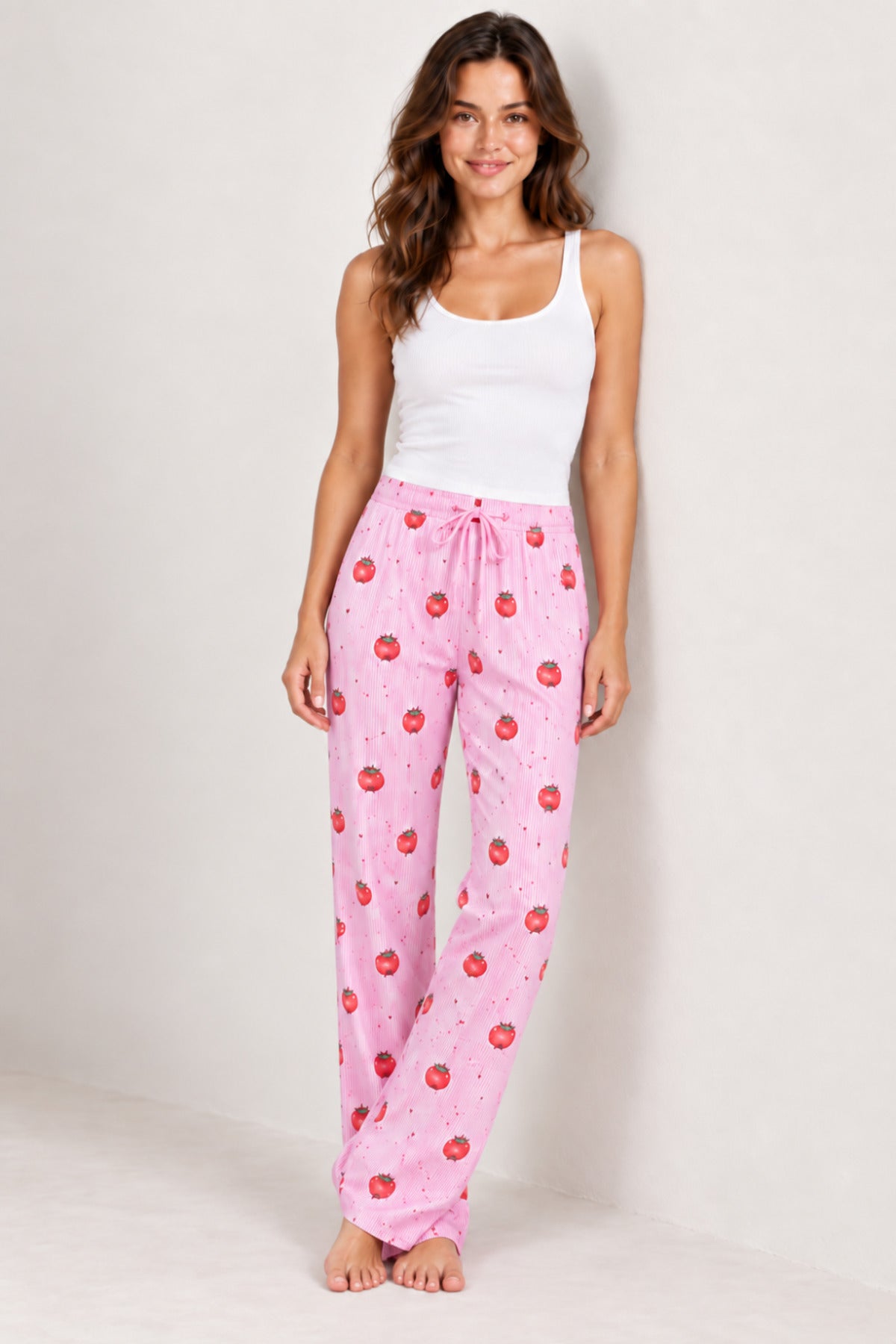 Kadın Çizgili Bluz Desenli Askılı Pijama Takımı