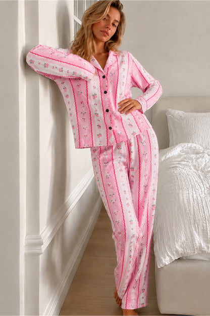 Kadın Desenli Düğmeli Uzun Kollu Pijama Takımı