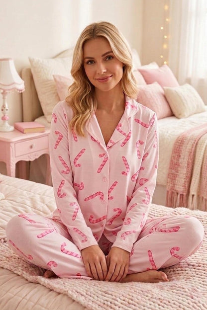 Baston Şeker Desenli Uzun Kollu Pijama Takımı 4601 -