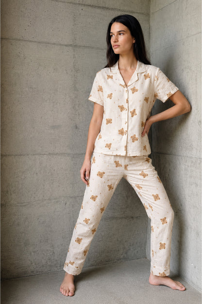 V Yaka Düğmeli Casual Pijama Takımı