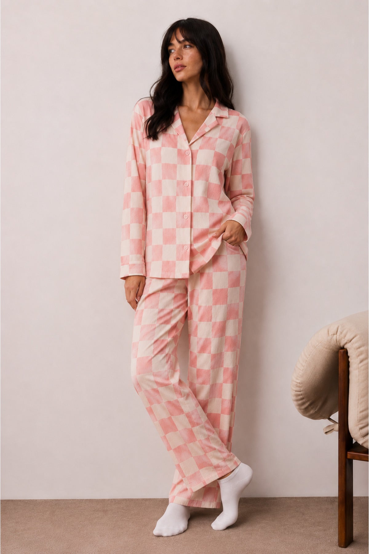 Kadın Düğmeli Kışlık Ev Pijama Takımı