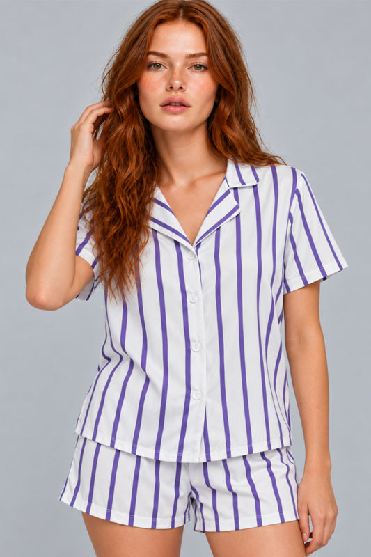 Kadın Çizgili Şortlu Kısa Kollu Beyaz Pijama Takımı 4817
