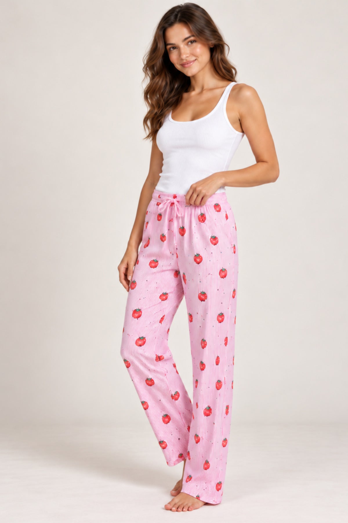Kadın Çizgili Bluz Desenli Askılı Pijama Takımı