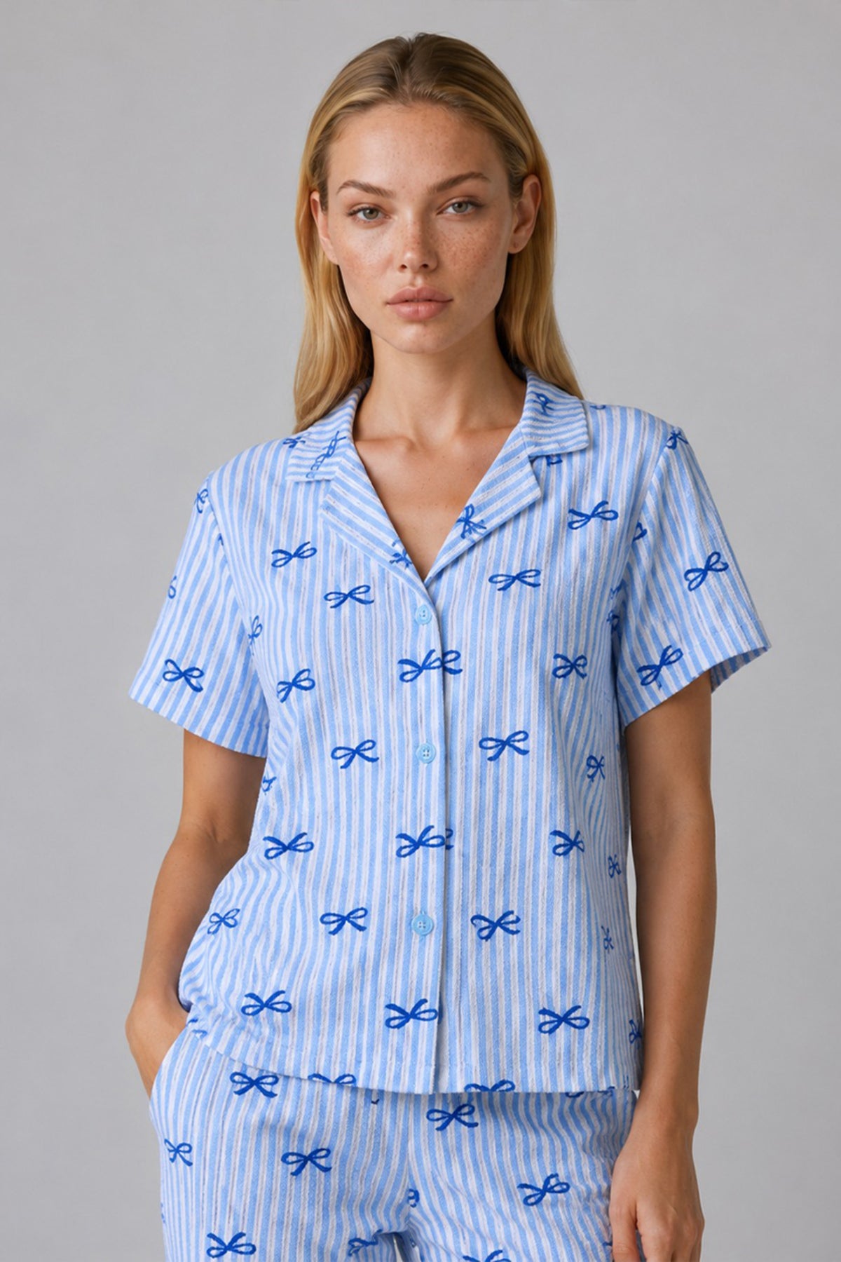 Mavi Kurdele Desenli Çizgili Bürümcük Pijama Takımı 4645-mavi