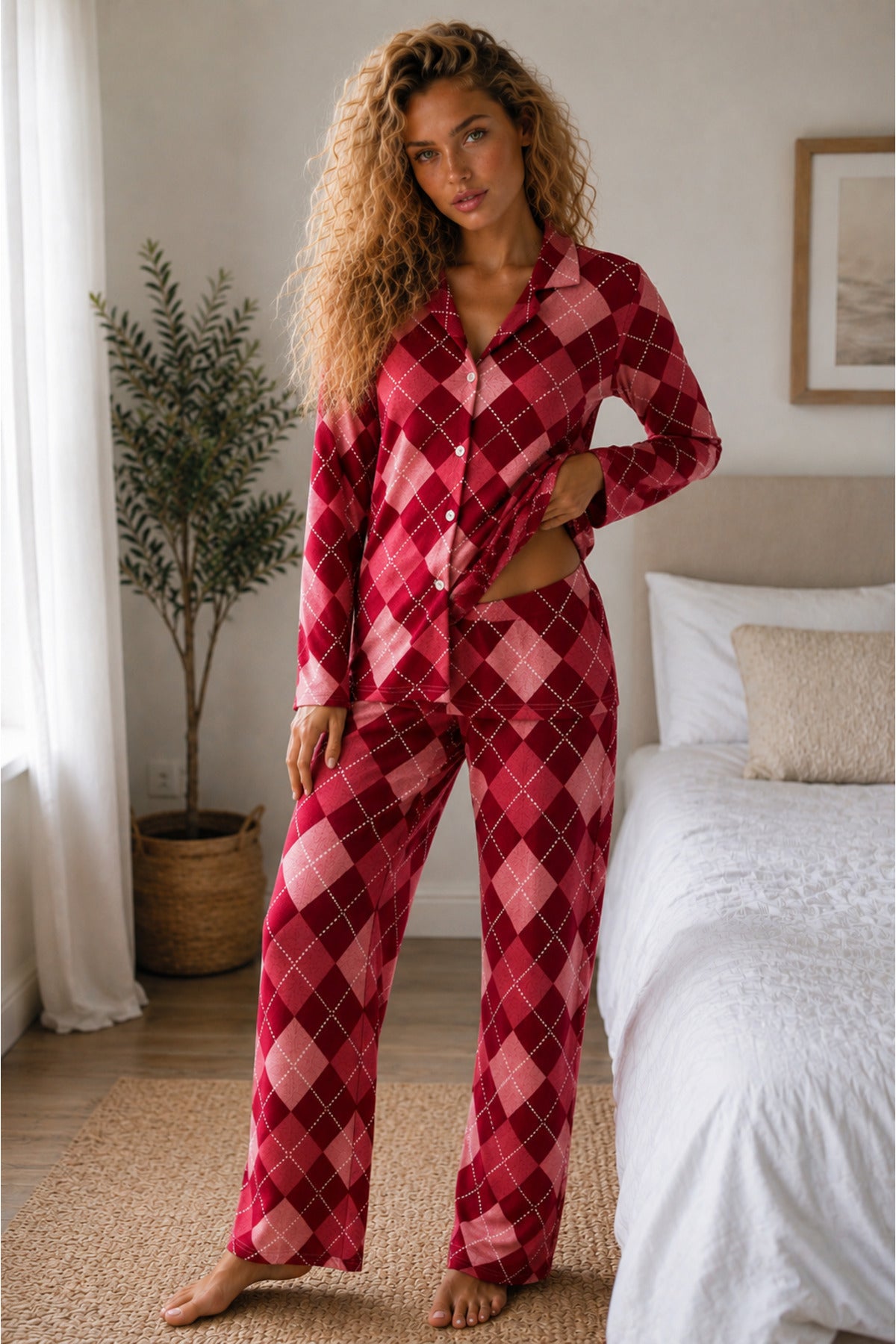 Kadın Örme Gömlek Yaka Pijama Takımı