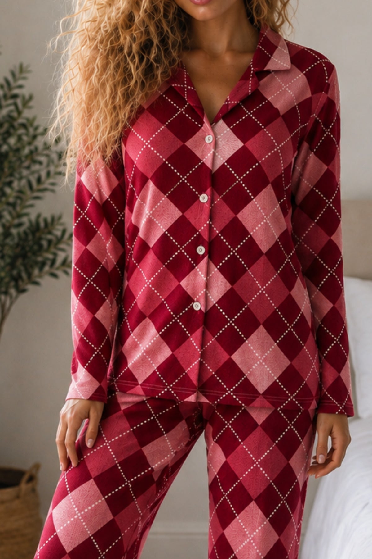 Kadın Örme Gömlek Yaka Pijama Takımı