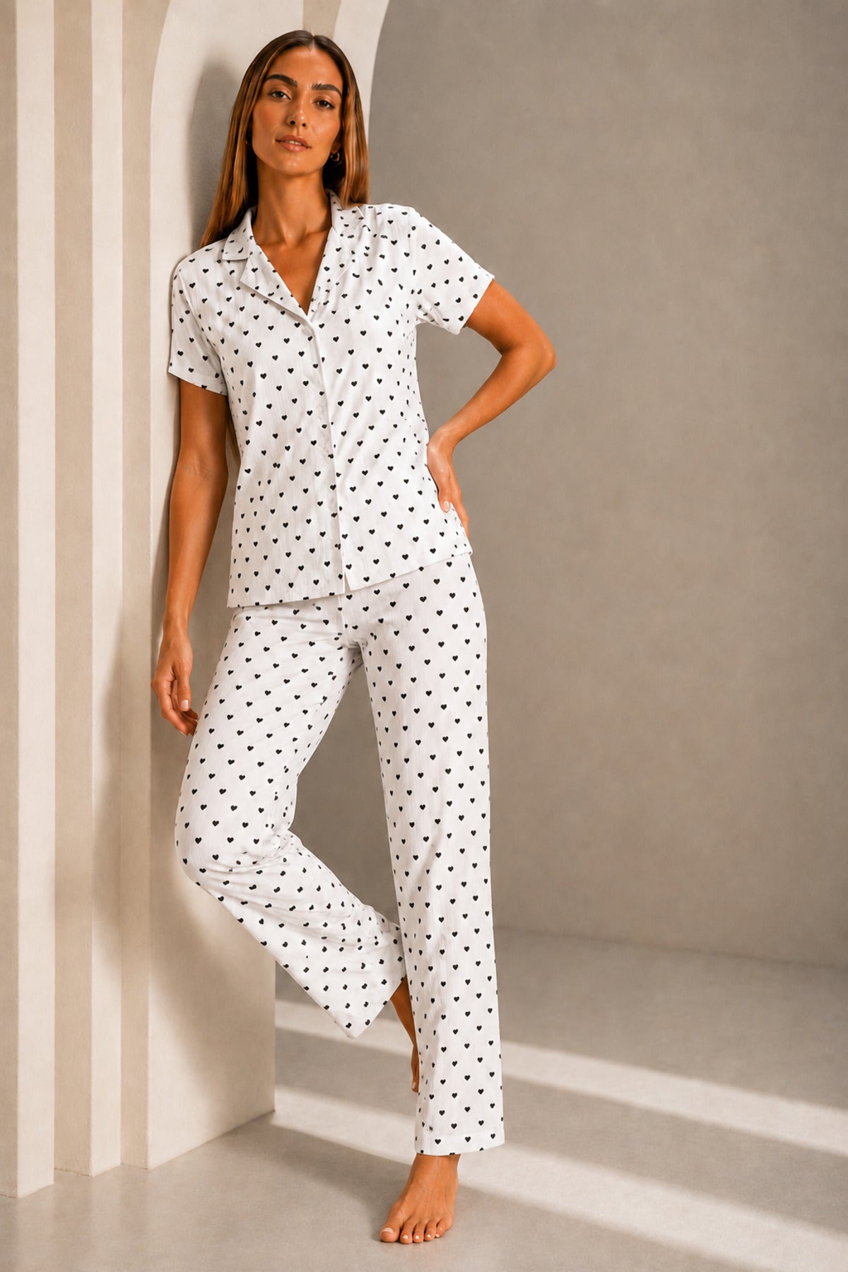 Kadın Kısa Kol Rahat Kalıp Şık Pijama Takımı