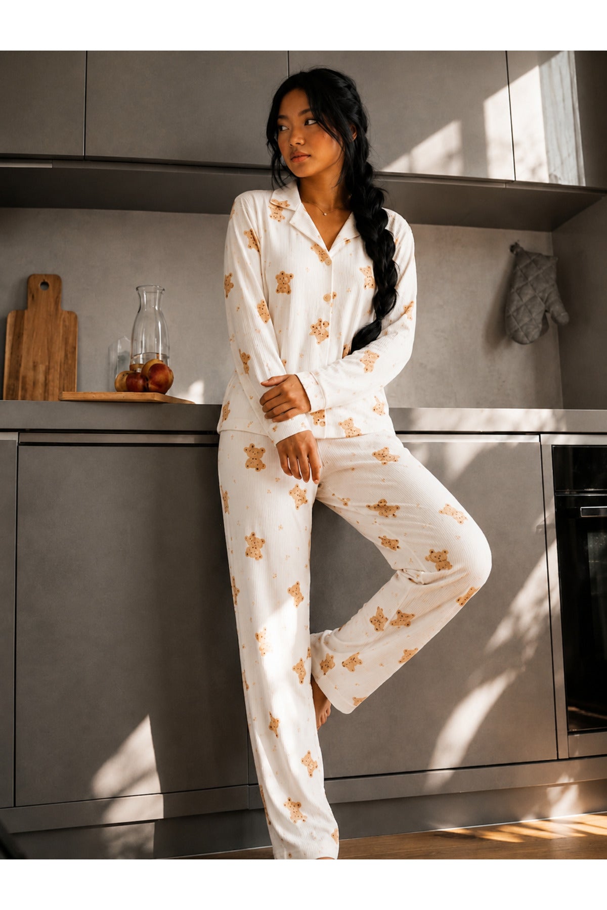 Kadın Düğmeli Gömlek Yaka Ev Giyimi Pijama Takımı