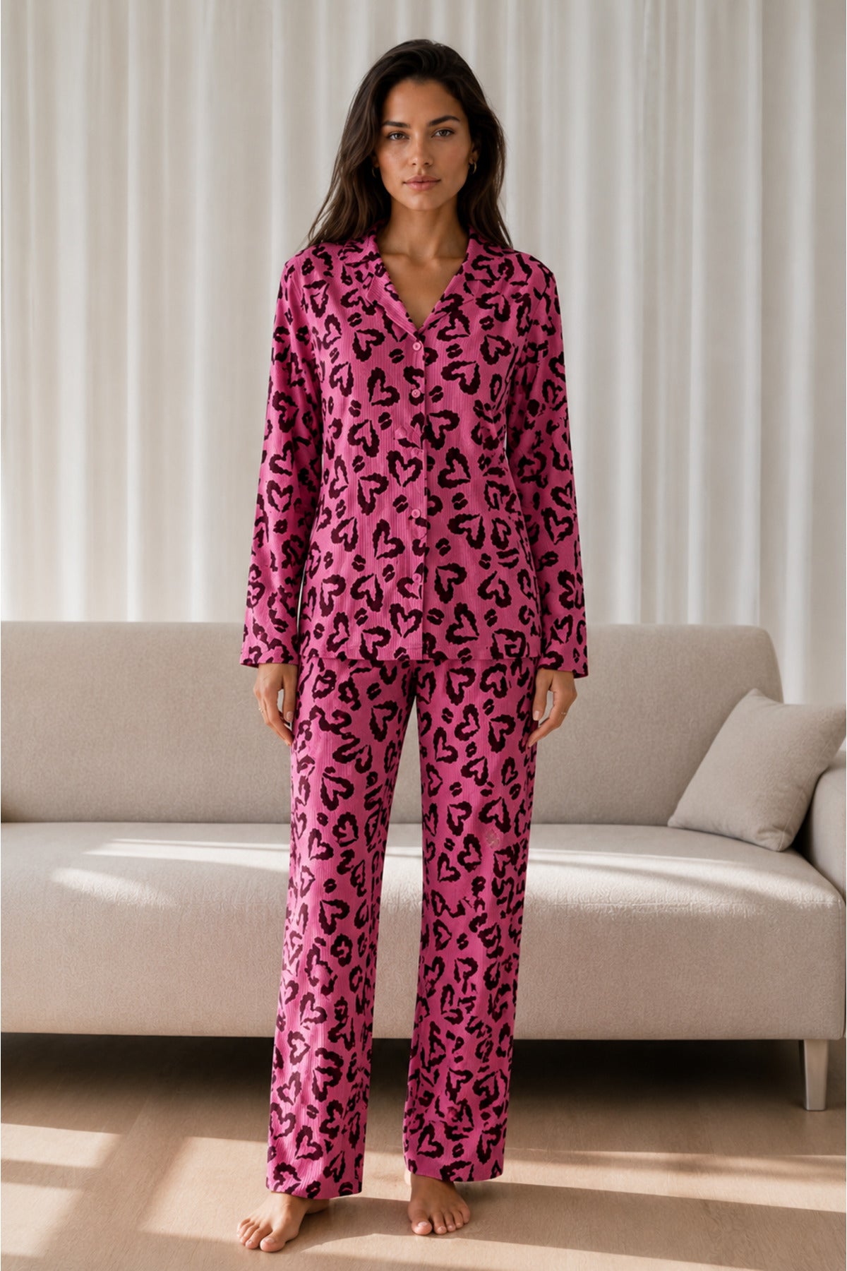 Kadın Desenli Basic Kış Pijama Takımı