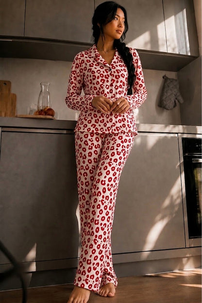 Kadın Düğmeli Gömlek Yaka Ev Giyimi Pijama Takımı
