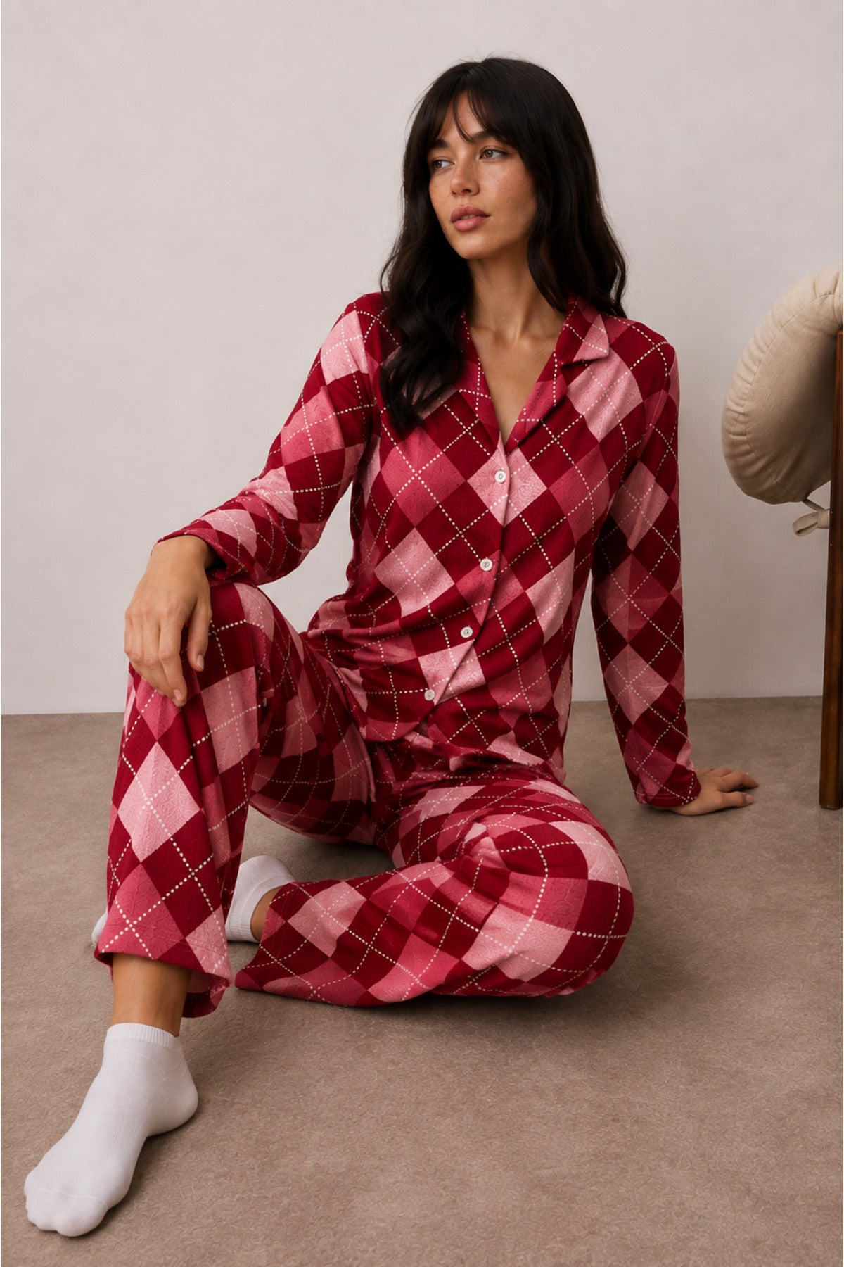 Kadın Düğmeli Kışlık Ev Pijama Takımı