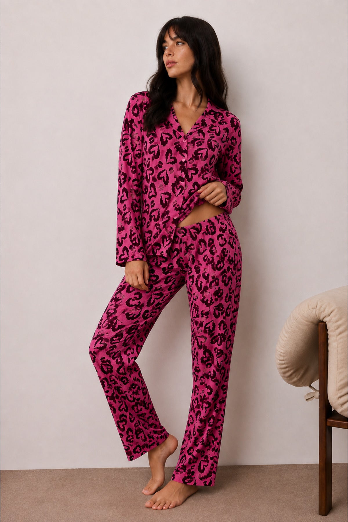 Kadın Düğmeli Kışlık Ev Pijama Takımı